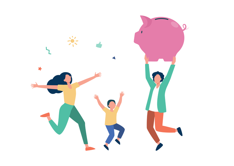 Le financement association de parent d'élèves représenté par un élève et ses parents portant une tirelire cochon