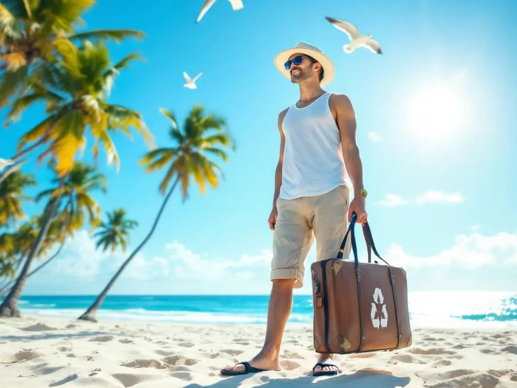 Un homme en vacances à la plage avec l'aide de Selecteo grâce au recyclage de cartouches vides