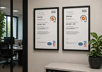 Un mur avec les certifications ISO de Selecteo